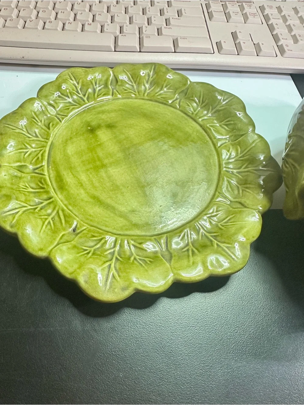 Green Ceramic Leaf Bowl with Matching Saucer - Decorative Dinnerware